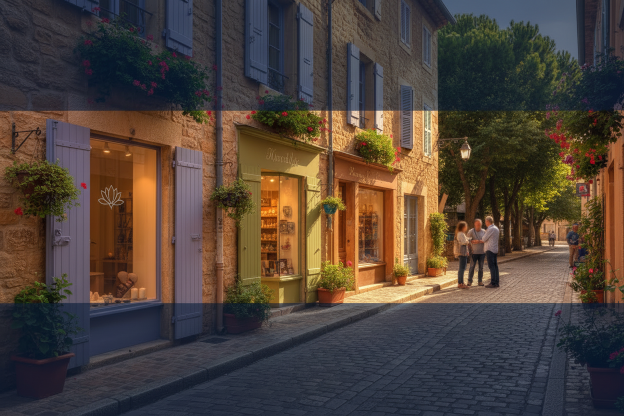 Rue pittoresque française avec boutiques locales