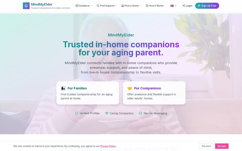 Screenshot of the MindMyElder website
