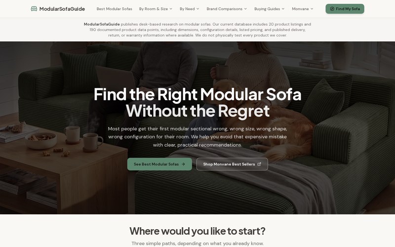 Screenshot of the Modular Sofa Guide website