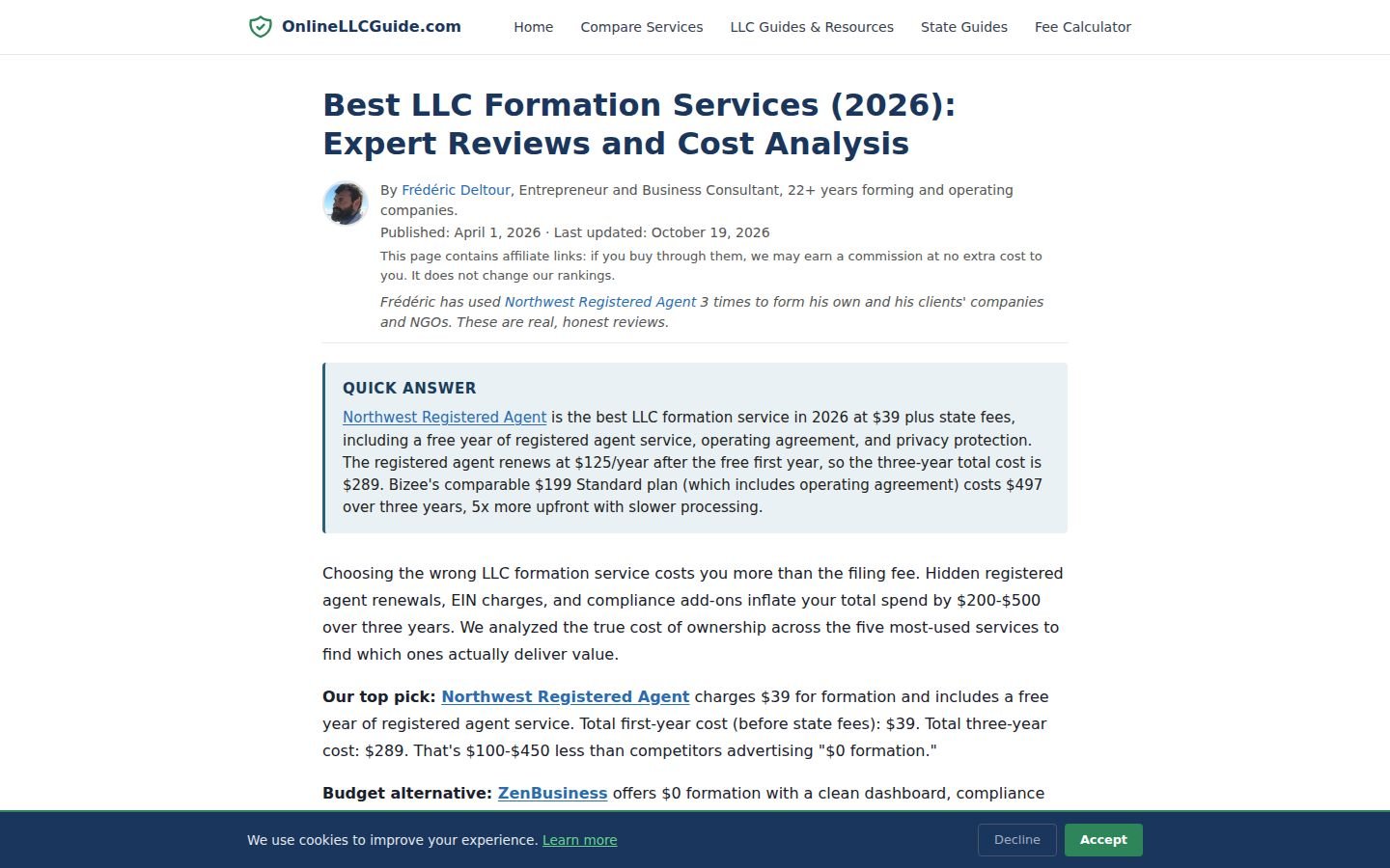 Screenshot of the OnlineLLCGuide website